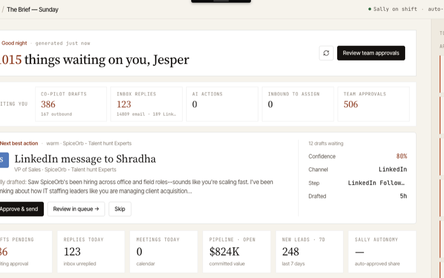 Salestools — My Day dashboard: the day's briefing, drafts awaiting review, and the next best action